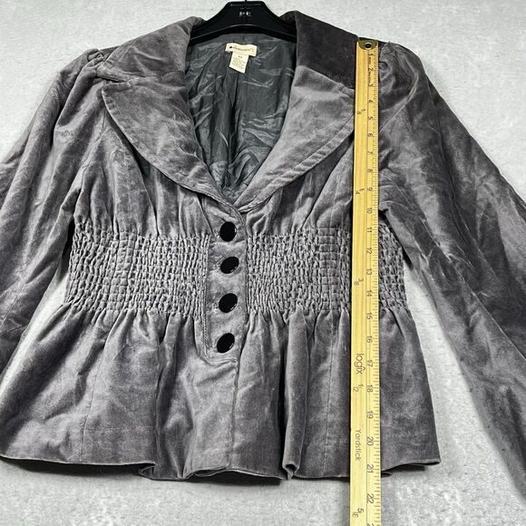 Elevenses Anthropologie Velvet Jacket Blazer Size 12 Gray Smocked Elastic Boho - Picture 6 of 9